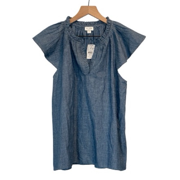 NWT J. Crew Light Blue Ruffle Blouse, Short Flutter Sleeves, Chambray, V-Neck, M - Picture 3 of 11